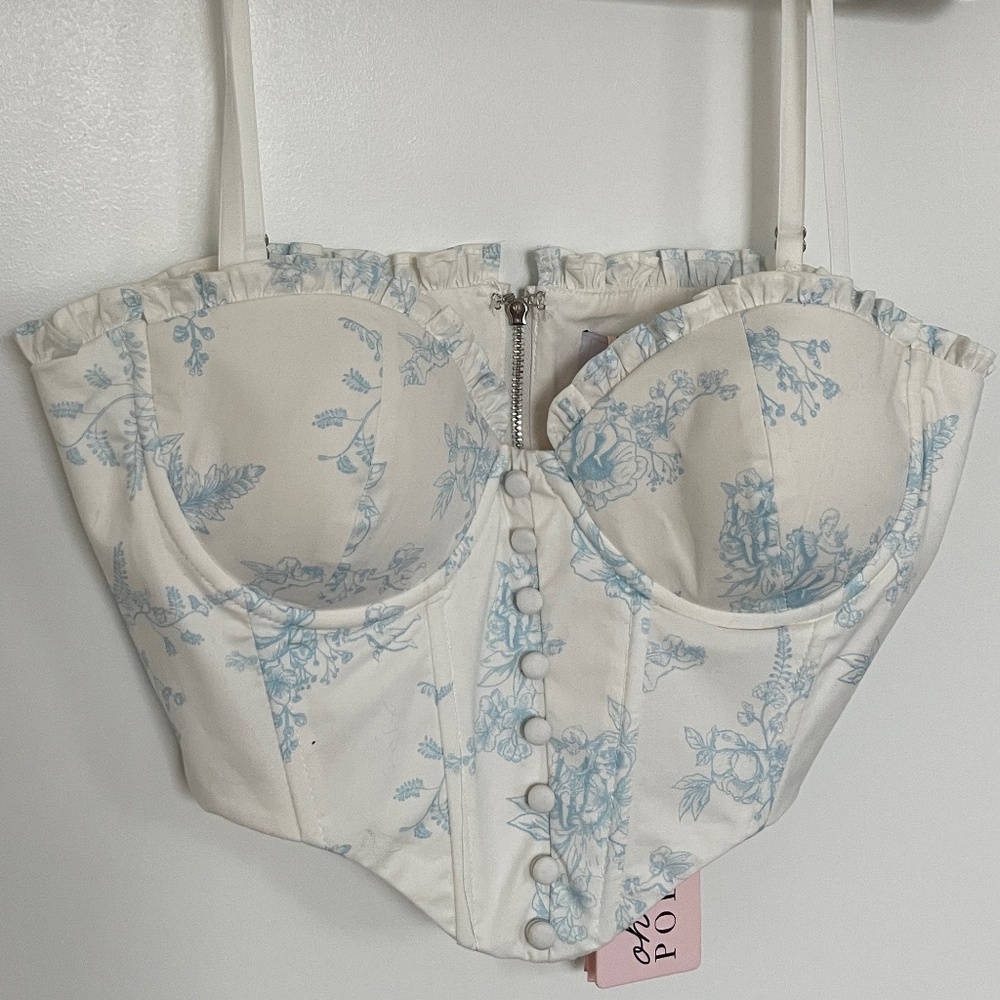 Oh Polly Cream and Light Blue Floral Corset Crop Top
